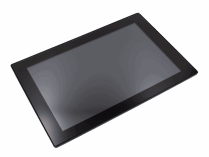 A black tablet with a dark reflective screen shown at a slight angle on a plain light-blue background, published on www.dasa.se.