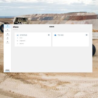 Screenshot of a web-based admin dashboard labeled "dasa" displayed over a wide open-pit mine landscape with layered excavations, heavy equipment and tire tracks, published on www.dasa.se.