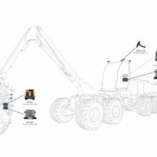 Line-drawing diagram of a multi‑wheeled forestry machine with an articulated crane and callouts showing electronic control modules and connectors, published on www.dasa.se.