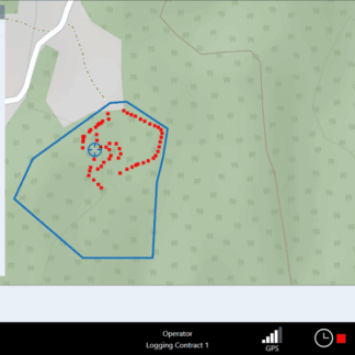 Screenshot of a mapping application showing a forested area with a blue polygon boundary and clustered red dotted tree locations, a left sidebar listing stem counts (Pine 7, Spruce 9, total 16), map controls and a status bar at the bottom, and is published on www.dasa.se.