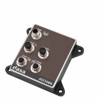 Industrial rectangular DASA dIX30BR communications module with a brown faceplate and five circular M12 connectors labeled PWR, CAN1, CAN2, ETH1 and ETH2, shown at an angle; published on www.dasa.se.