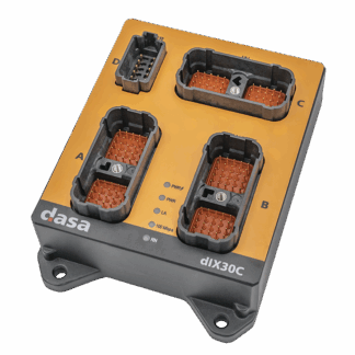 Close-up of a yellow-and-black DASA dIX30C electronic control module with four multi-pin connectors labeled A–D and status LEDs, published on www.dasa.se.