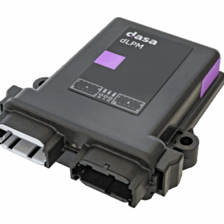 Black DASA dLPM electronic control module with dual connector ports and purple accent panels shown against a white background, published on www.dasa.se.